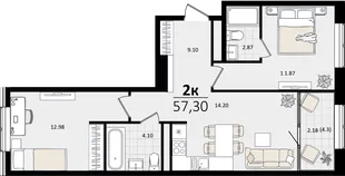 Планировка 2-комн. квартира, 57.3 м² ЖК «Патрики»