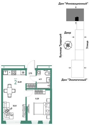 Планировка 2-комн. квартира, 36.81 м² ЖК «Микрорайон Домашний»