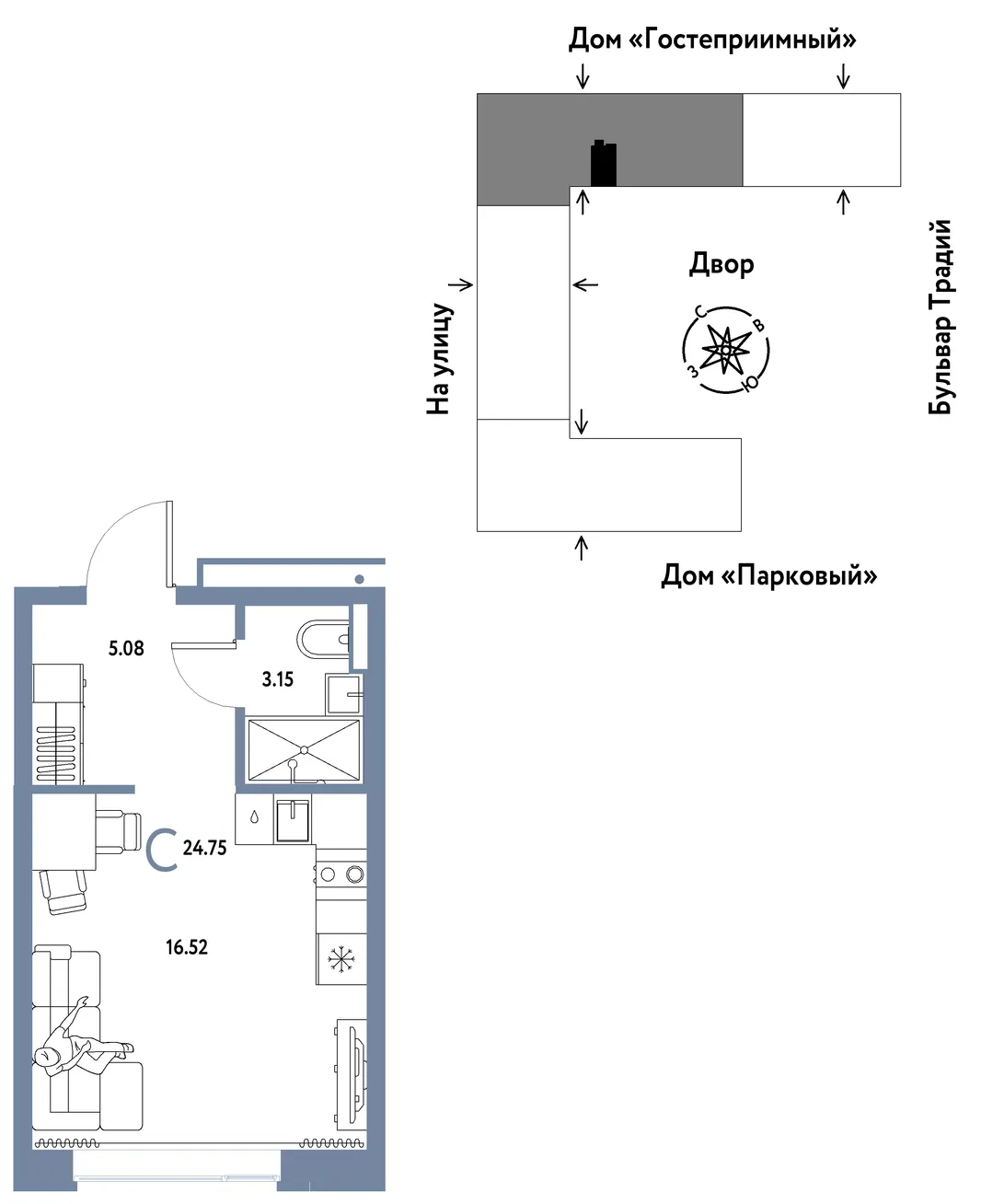 Планировка Студия, 24.75 м² ЖК «Микрорайон Домашний»