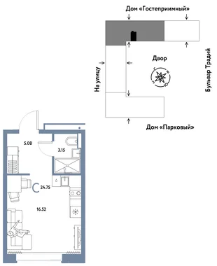 Планировка Студия, 24.75 м² ЖК «Микрорайон Домашний»