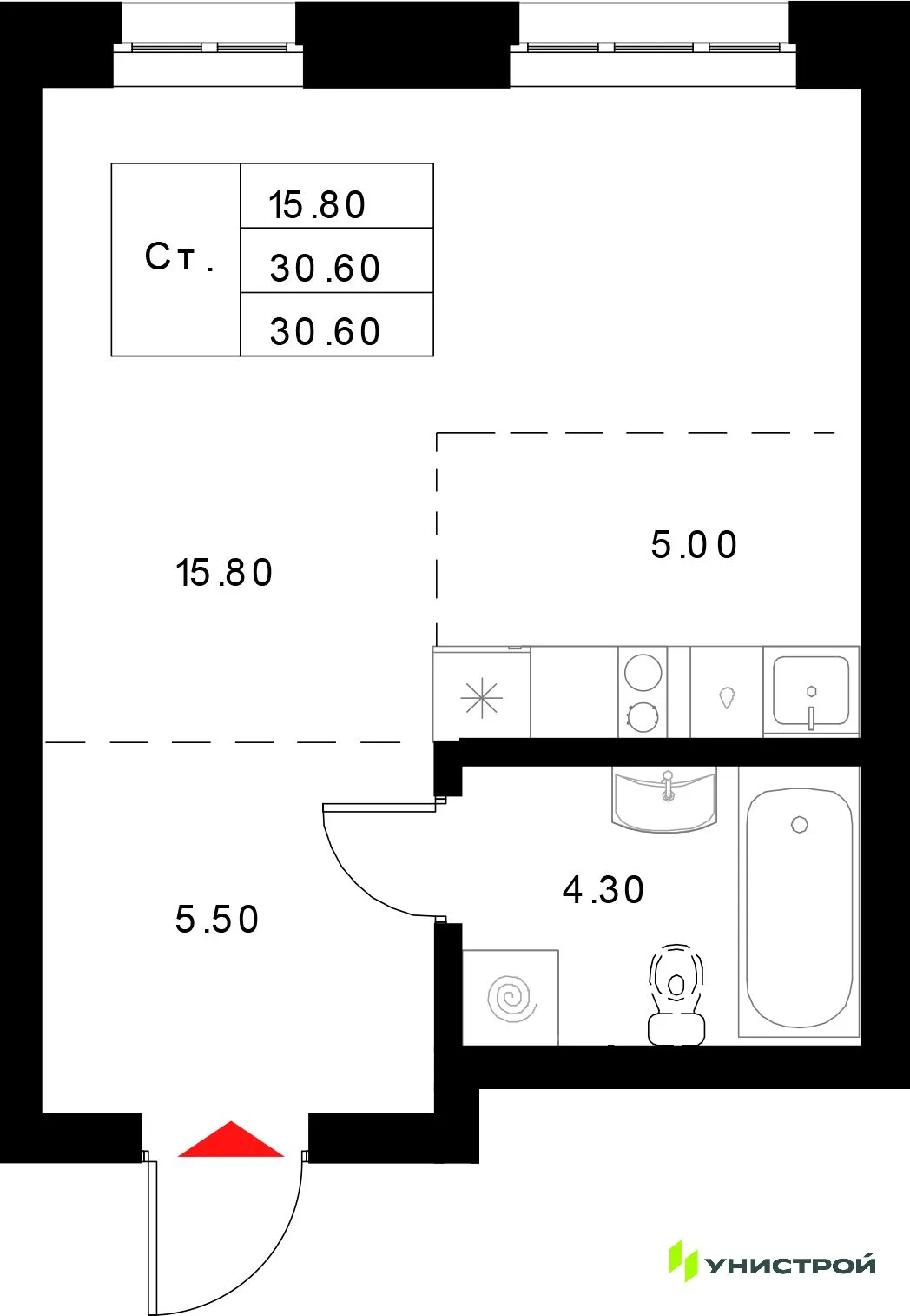 Планировка 1-комн. квартира, 30.6 м² ЖК «Уникод на Технической»