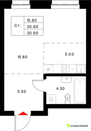 Планировка 1-комн. квартира, 30.6 м² ЖК «Уникод на Технической»