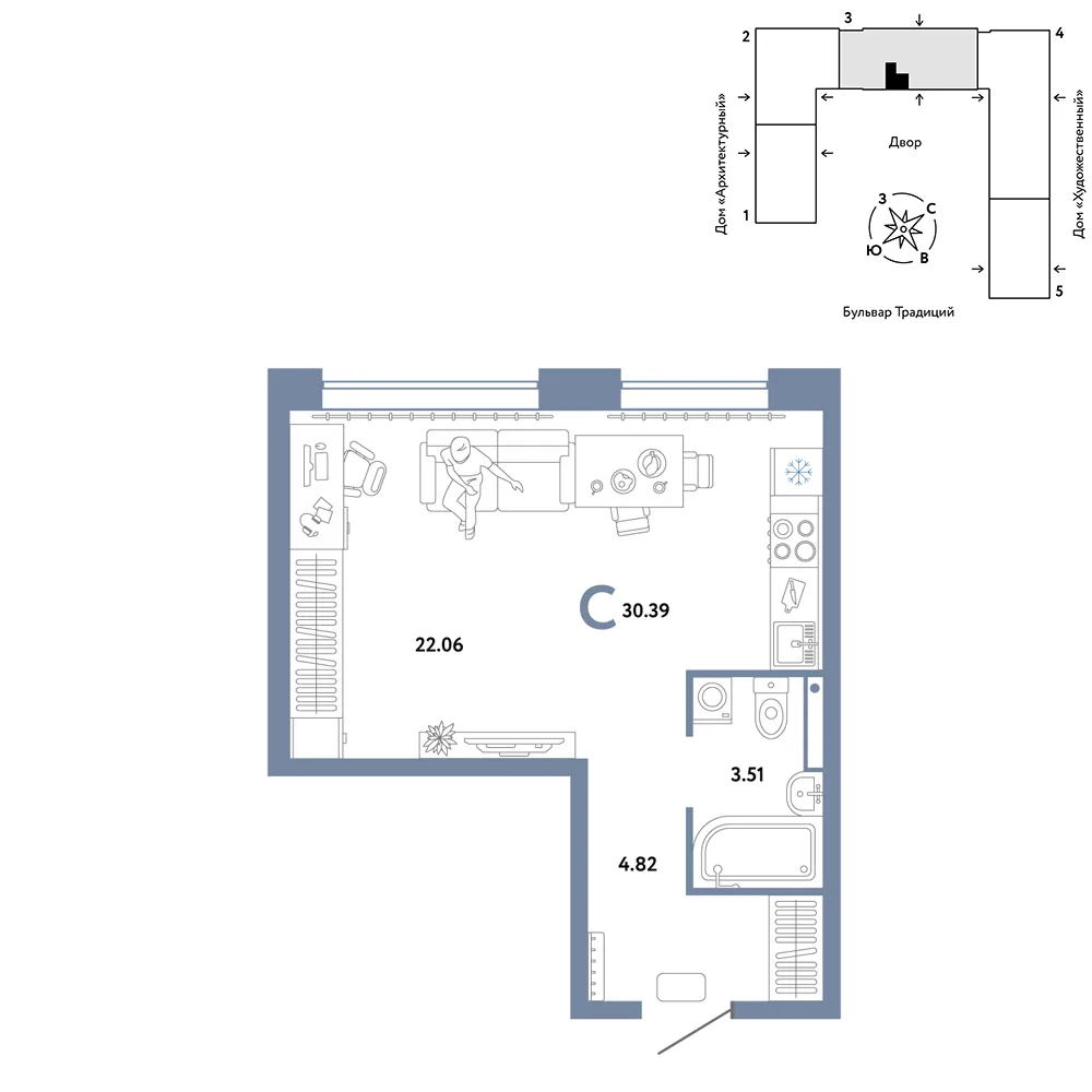 Планировка Студия, 30.39 м² ЖК «Микрорайон Домашний»