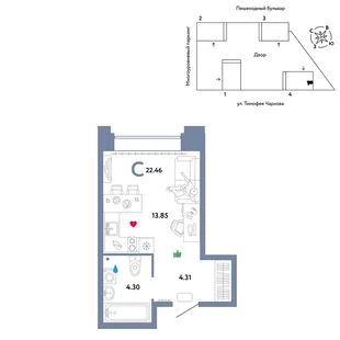 Планировка Студия, 22.46 м² ЖК «Микрорайон Звездный»