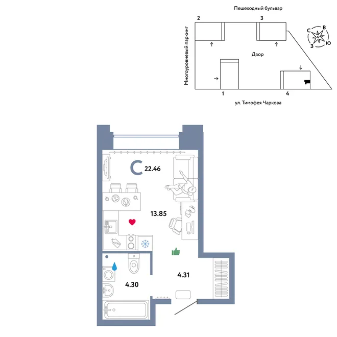 Планировка Студия, 22.46 м² ЖК «Микрорайон Звездный»