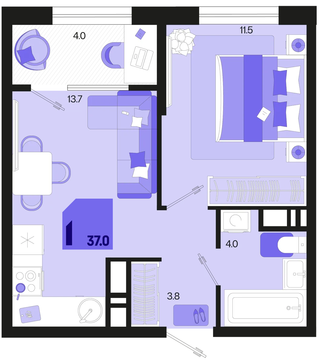 Планировка 1-комн. квартира, 37 м² ЖК «Первое место»