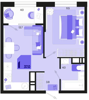 Планировка 1-комн. квартира, 37 м² ЖК «Первое место»