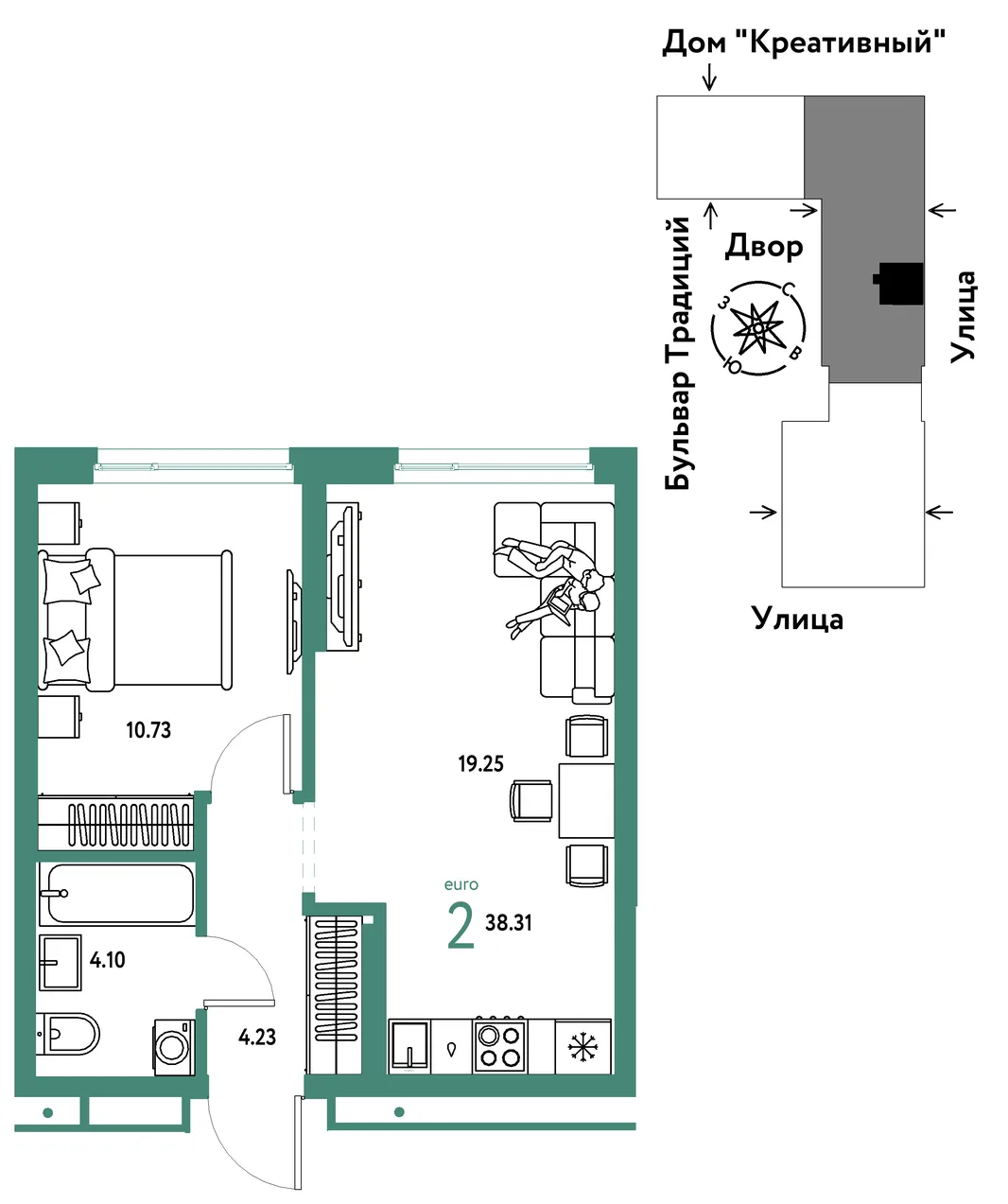 Планировка 2-комн. квартира, 38.31 м² ЖК «Микрорайон Домашний»