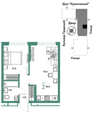 Планировка 2-комн. квартира, 38.31 м² ЖК «Микрорайон Домашний»