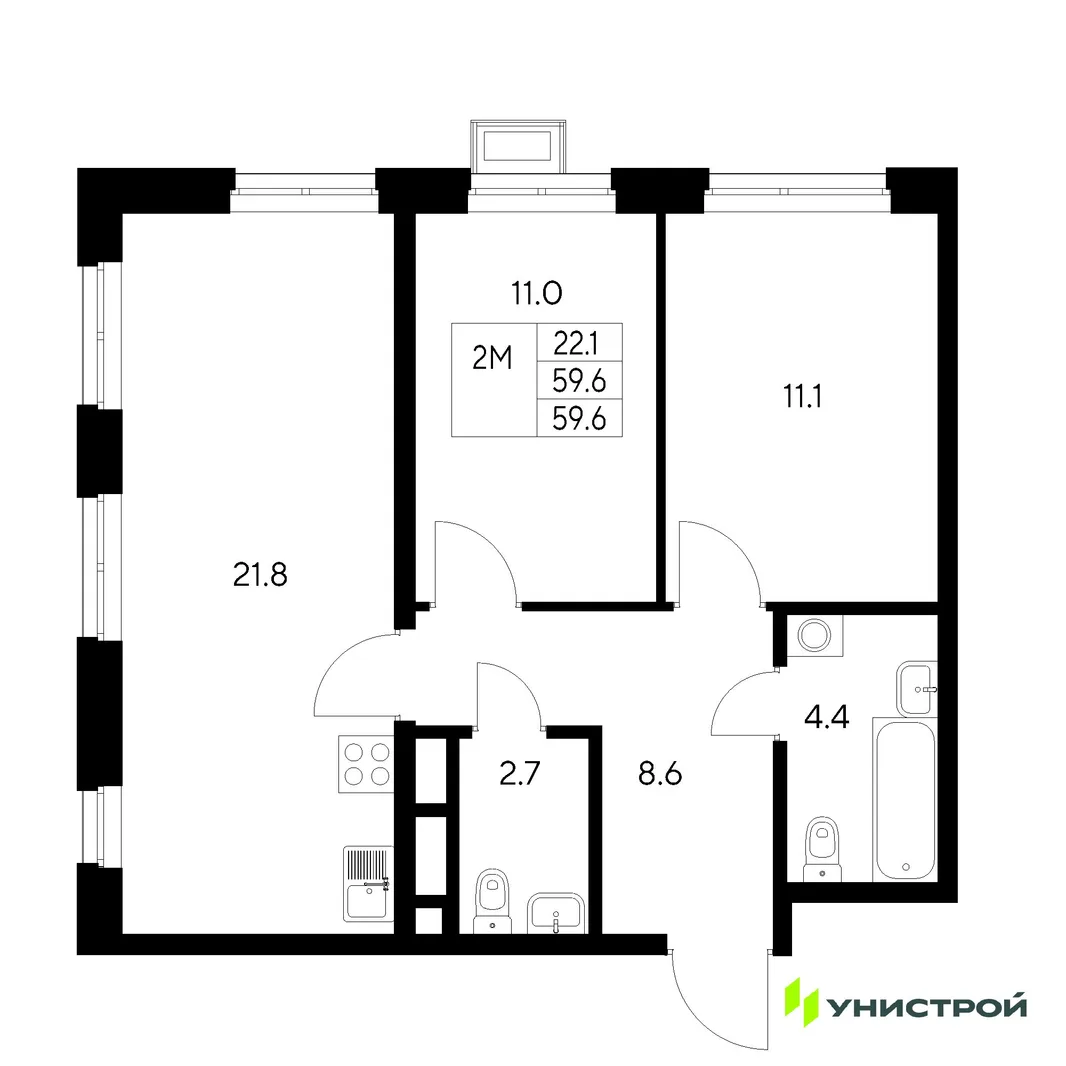 Планировка 2-комн. квартира, 59.6 м² ЖК «Стадиум»