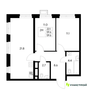 Планировка 2-комн. квартира, 59.6 м² ЖК «Стадиум»
