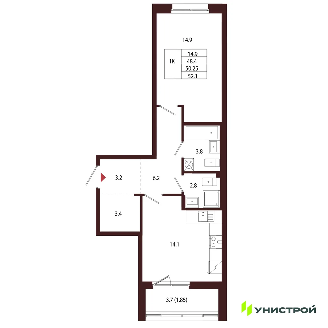 Планировка 1-комн. квартира, 50.25 м² ЖК «Лисино»