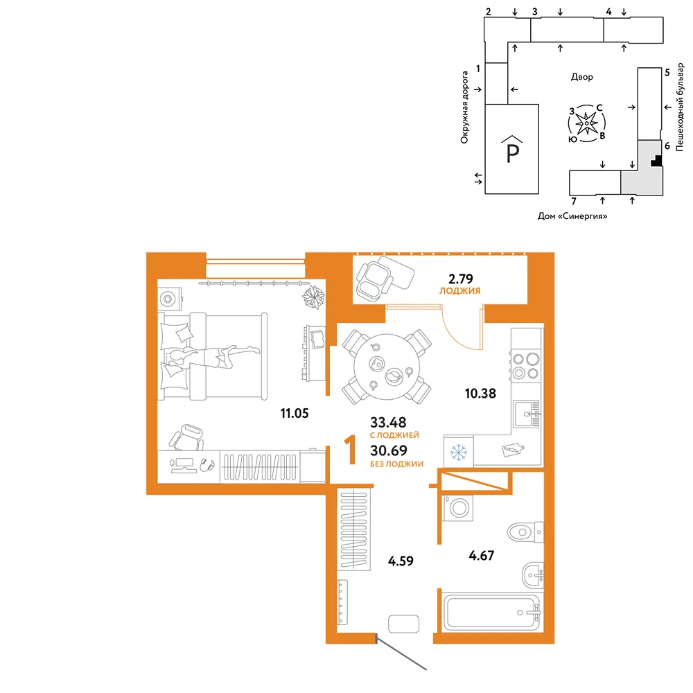 Планировка 1-комн. квартира, 33.48 м² ЖК «Юнион»