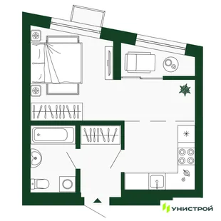 Планировка 1-комн. квартира, 33.9 м² ЖК «Парковый квартал 2.0»