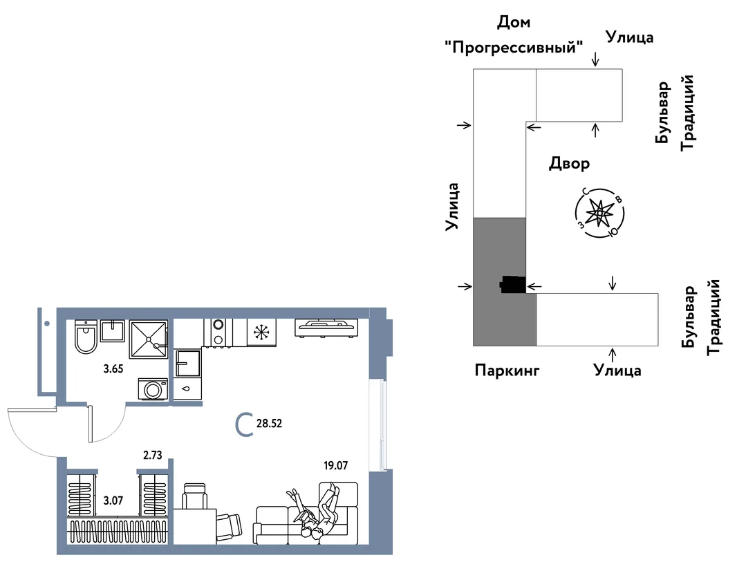 Планировка Студия, 28.52 м² ЖК «Микрорайон Домашний»