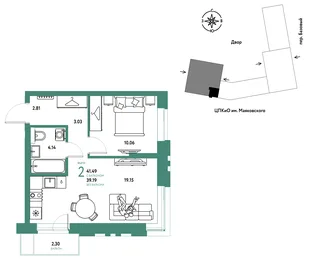 Планировка 2-комн. квартира, 41.49 м² ЖК «Сибирский сад»