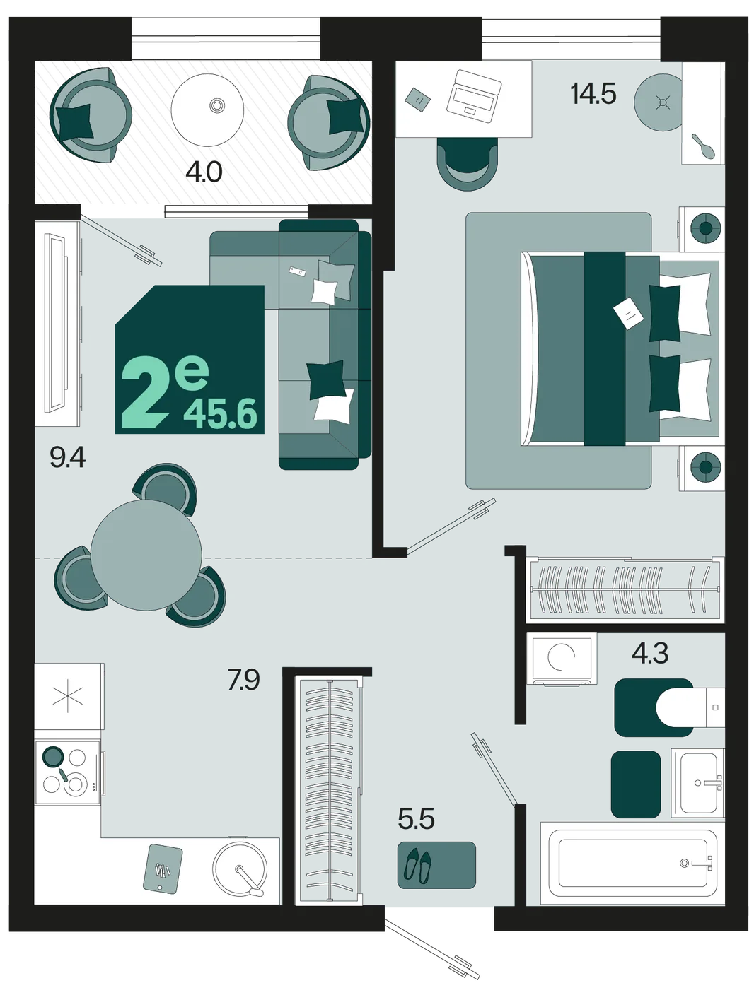 Планировка 2-комн. квартира, 45.6 м² ЖК «Первое место»