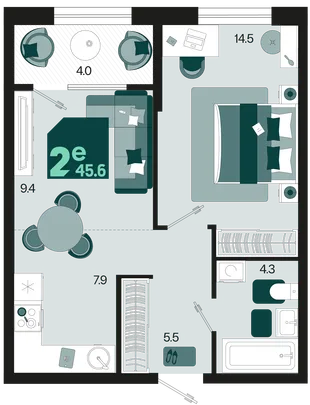 Планировка 2-комн. квартира, 45.6 м² ЖК «Первое место»