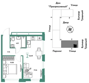 Планировка 2-комн. квартира, 36.49 м² ЖК «Микрорайон Домашний»