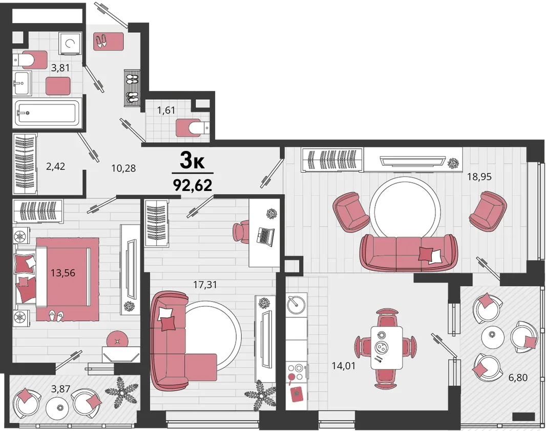 Планировка 3-комн. квартира, 92.62 м² ЖК «Родные просторы»
