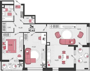 Планировка 3-комн. квартира, 92.62 м² ЖК «Родные просторы»