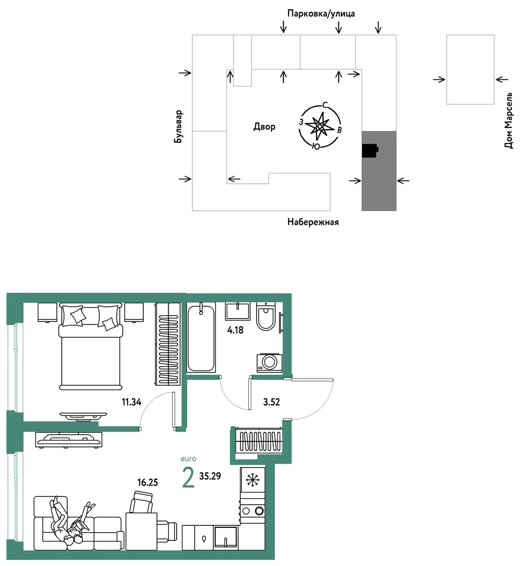 Планировка 2-комн. квартира, 35.29 м² ЖК «Европейский берег 2.0»