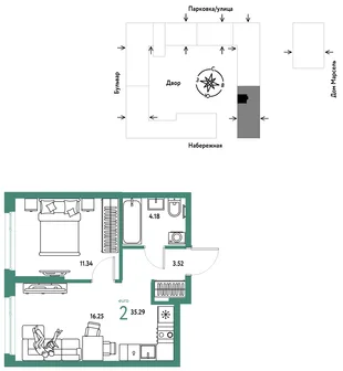 Планировка 2-комн. квартира, 35.29 м² ЖК «Европейский берег 2.0»