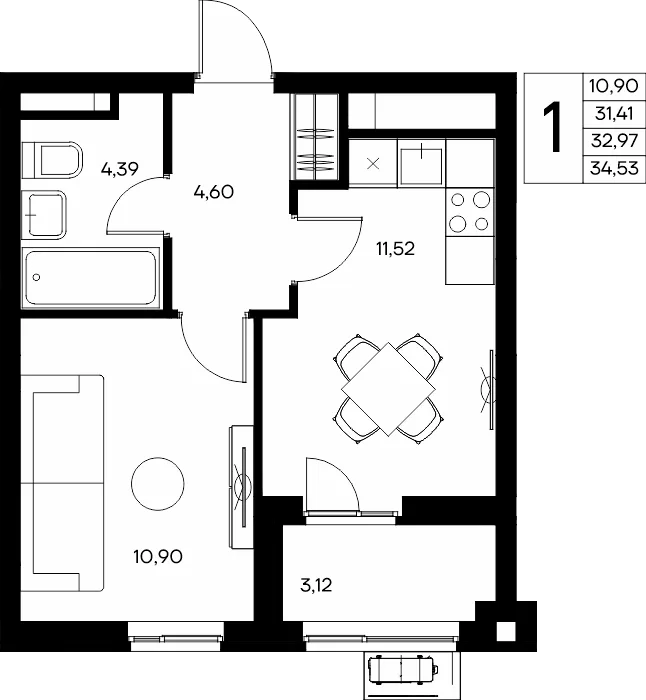 Планировка 1-комн. квартира, 34.53 м² ЖК «Прибрежный дом»