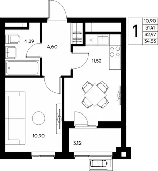 Планировка 1-комн. квартира, 34.53 м² ЖК «Прибрежный дом»