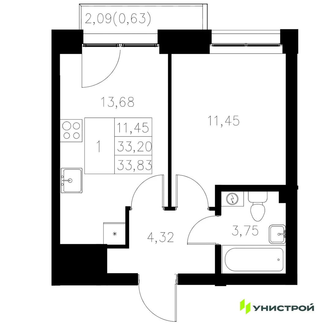Планировка 1-комн. квартира, 33.83 м² ЖК «Statum»