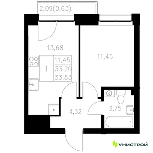 Планировка 1-комн. квартира, 33.83 м² ЖК «Statum»