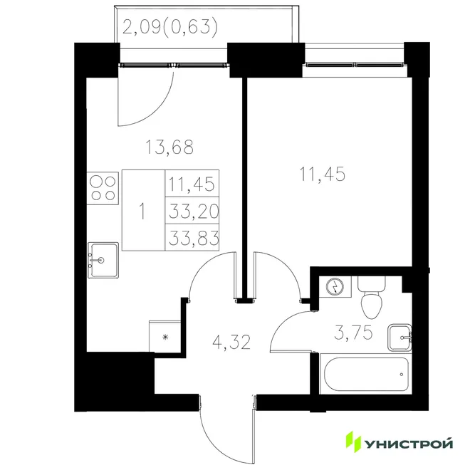 Планировка 1-комн. квартира, 33.83 м² ЖК «Statum»