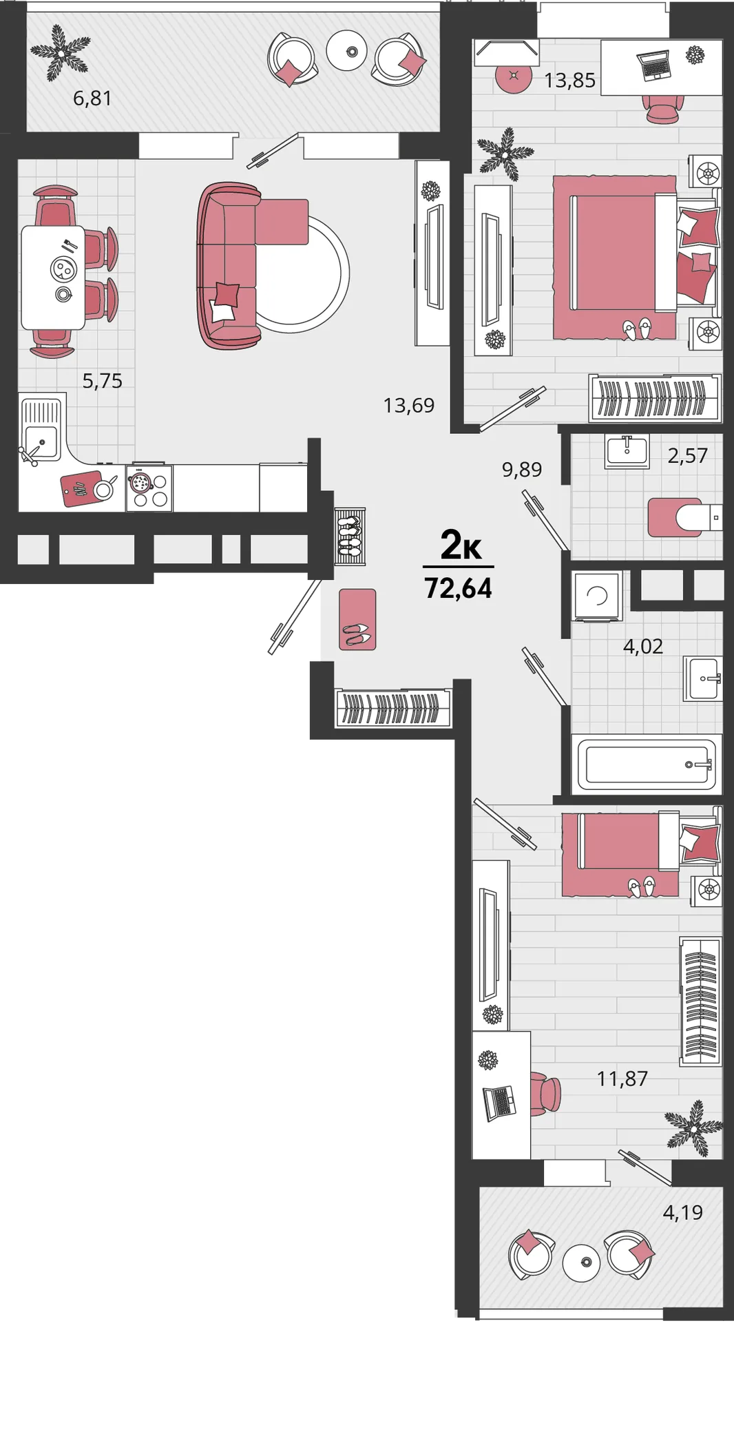 Планировка 3-комн. квартира, 72.64 м² ЖК «Родные просторы»