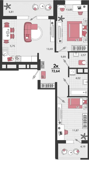 Планировка 3-комн. квартира, 72.64 м² ЖК «Родные просторы»