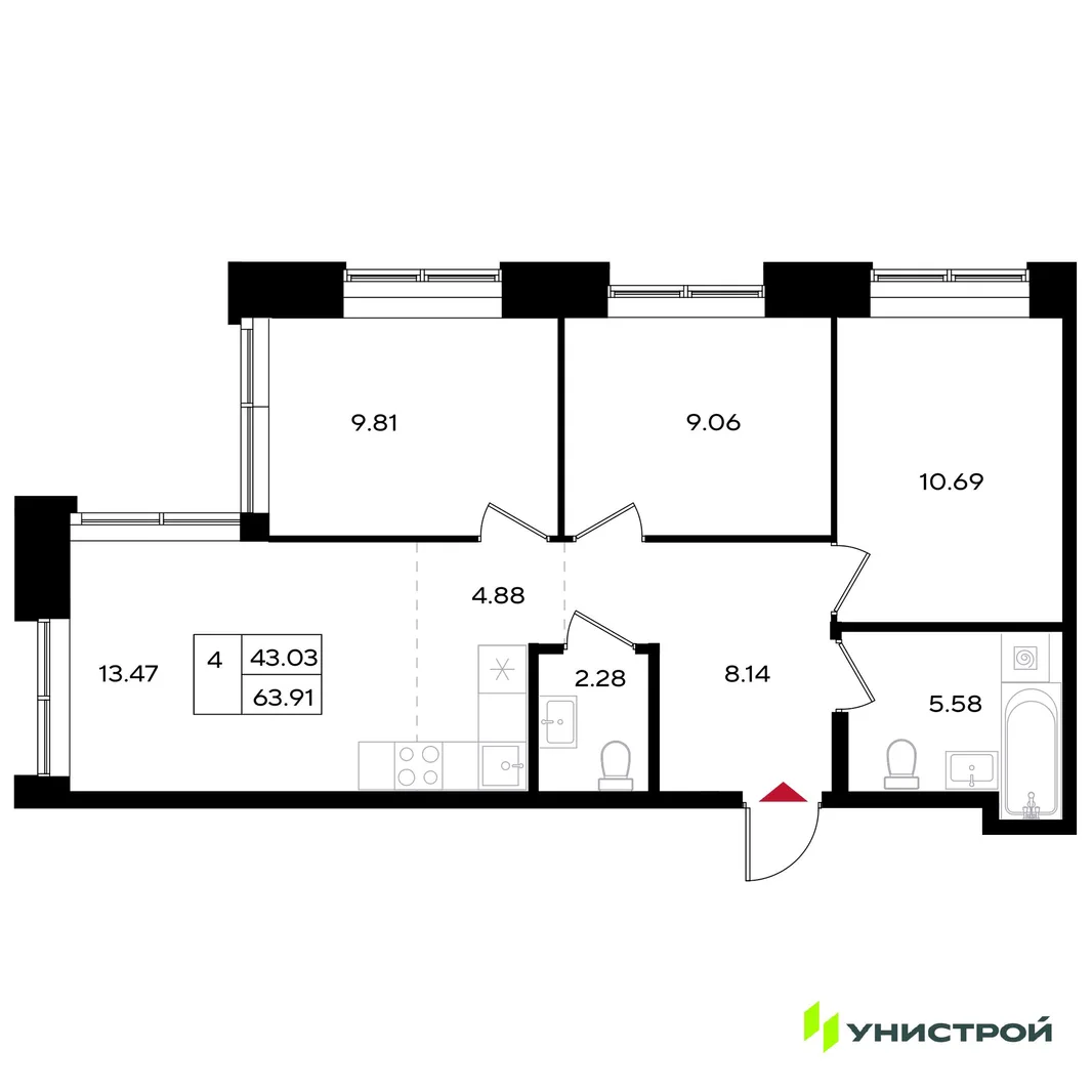 Планировка 4-комн. квартира, 63.91 м² ЖК «Уникум на Энгельса»