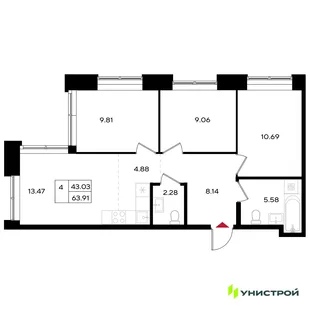 Планировка 4-комн. квартира, 63.91 м² ЖК «Уникум на Энгельса»