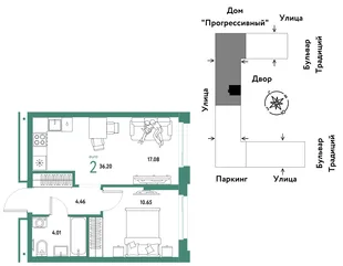 Планировка 2-комн. квартира, 36.2 м² ЖК «Микрорайон Домашний»