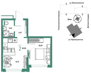 Планировка 2-комн. квартира, 30.3 м² ЖК «Страна Прибрежная»