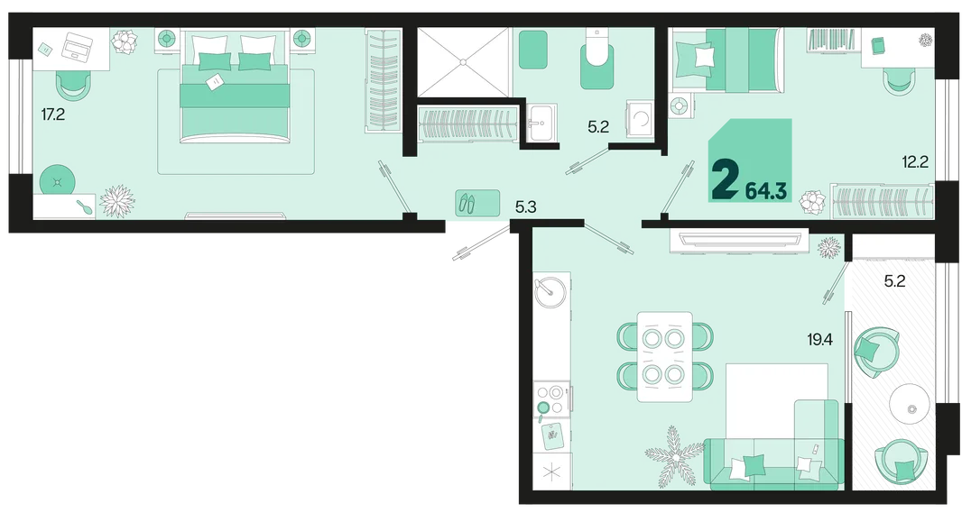 Планировка 2-комн. квартира, 64.3 м² ЖК «Первое место»