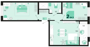 Планировка 2-комн. квартира, 64.3 м² ЖК «Первое место»