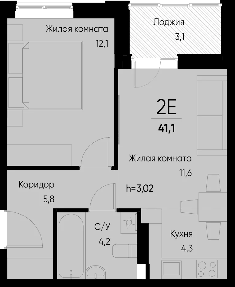 Планировка 2-комн. квартира, 41.1 м² ЖК «Васильевский остров»