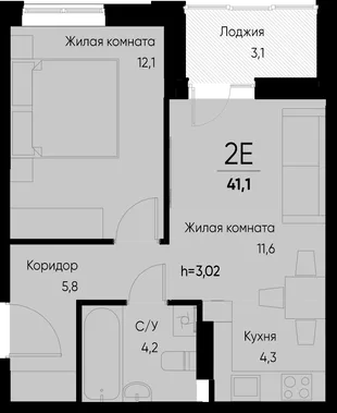 Планировка 2-комн. квартира, 41.1 м² ЖК «Васильевский остров»