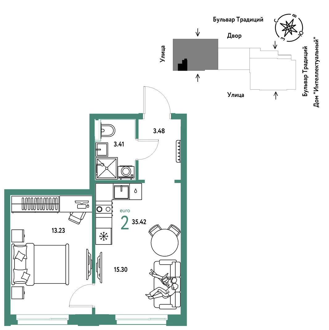 Планировка 2-комн. квартира, 35.42 м² ЖК «Микрорайон Домашний»