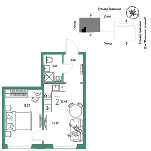 Планировка 2-комн. квартира, 35.42 м² ЖК «Микрорайон Домашний»