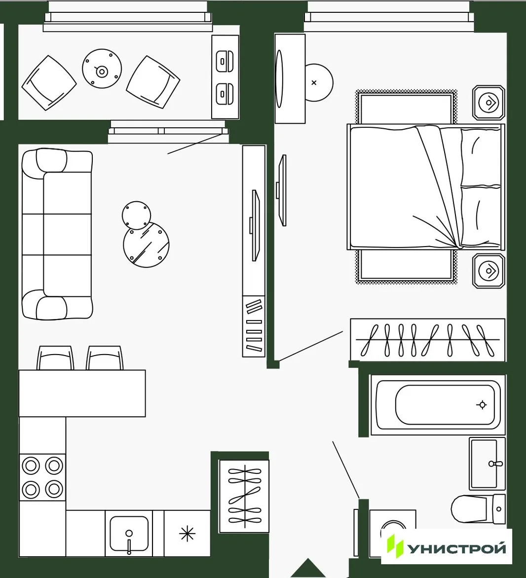 Планировка 1-комн. квартира, 38.4 м² ЖК «Парковый квартал 2.0»