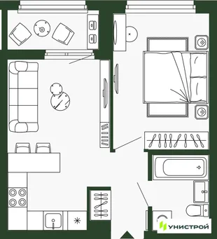 Планировка 1-комн. квартира, 38.4 м² ЖК «Парковый квартал 2.0»