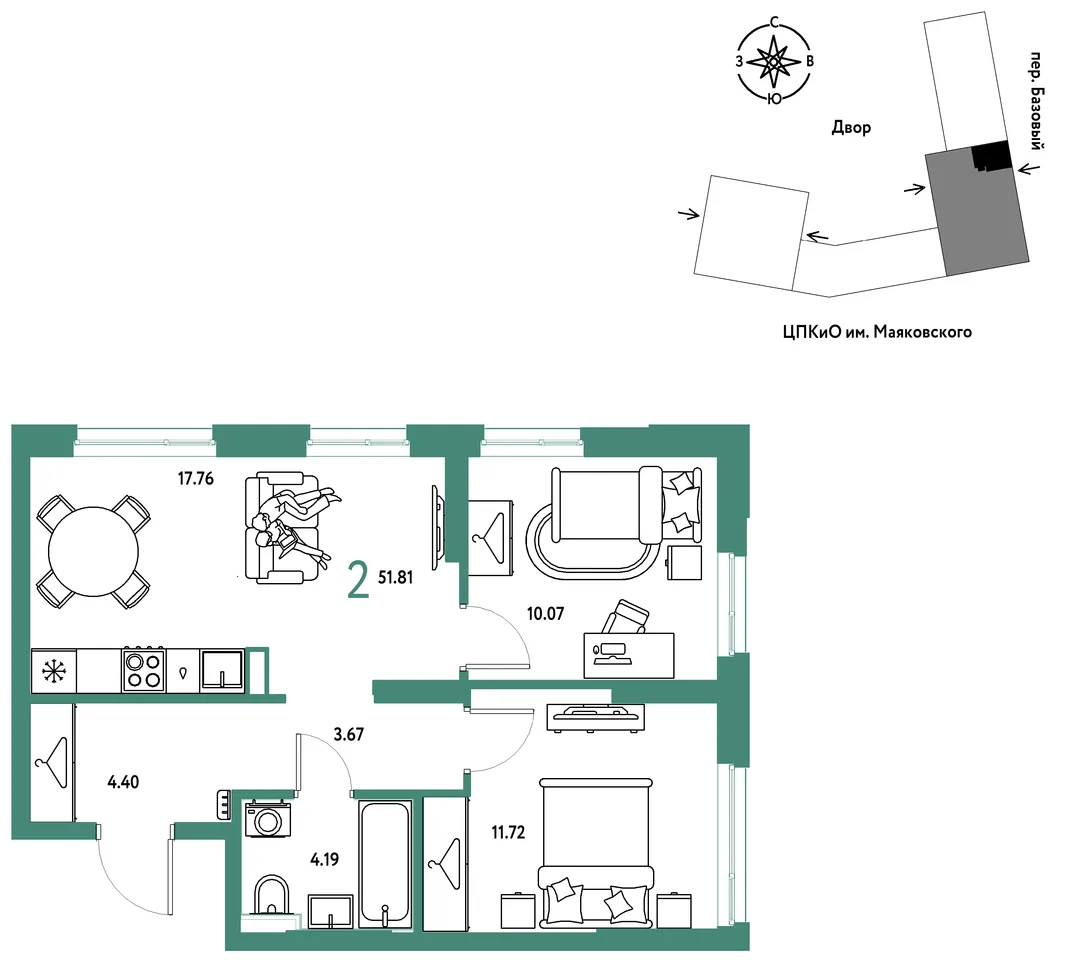 Планировка 2-комн. квартира, 51.81 м² ЖК «Сибирский сад»