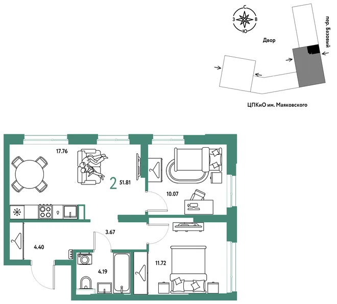 Планировка 2-комн. квартира, 51.81 м² ЖК «Сибирский сад» Планировка 2-комн. квартира, 51.81 м² ЖК «Сибирский сад»