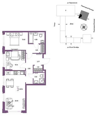 Планировка 3-комн. квартира, 63.16 м² ЖК «Сердце Сибири»