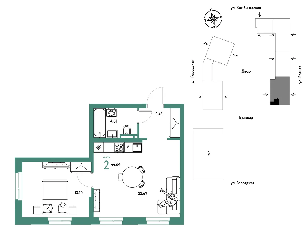 Планировка 2-комн. квартира, 44.64 м² ЖК «Уральский сад»